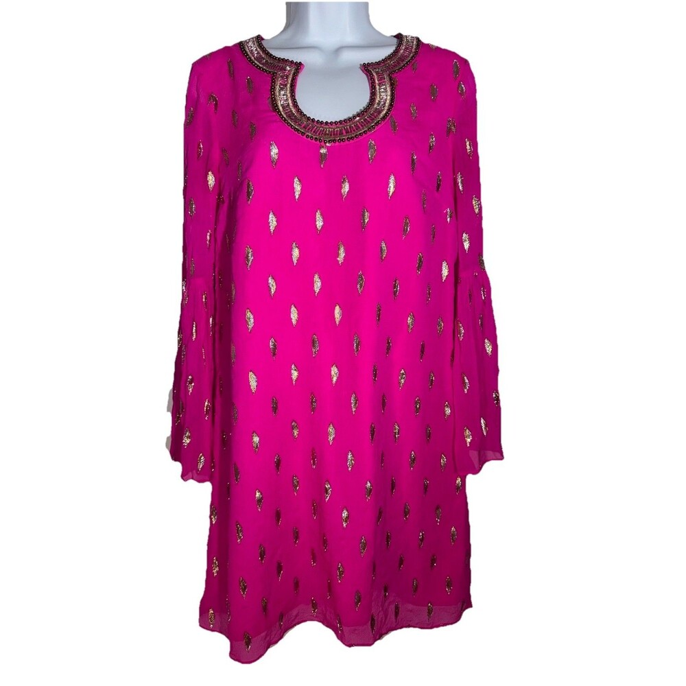Lilly Pulitzer Amory Silk Dress Hot Pink Metallic Beaded Lined Women Size 4